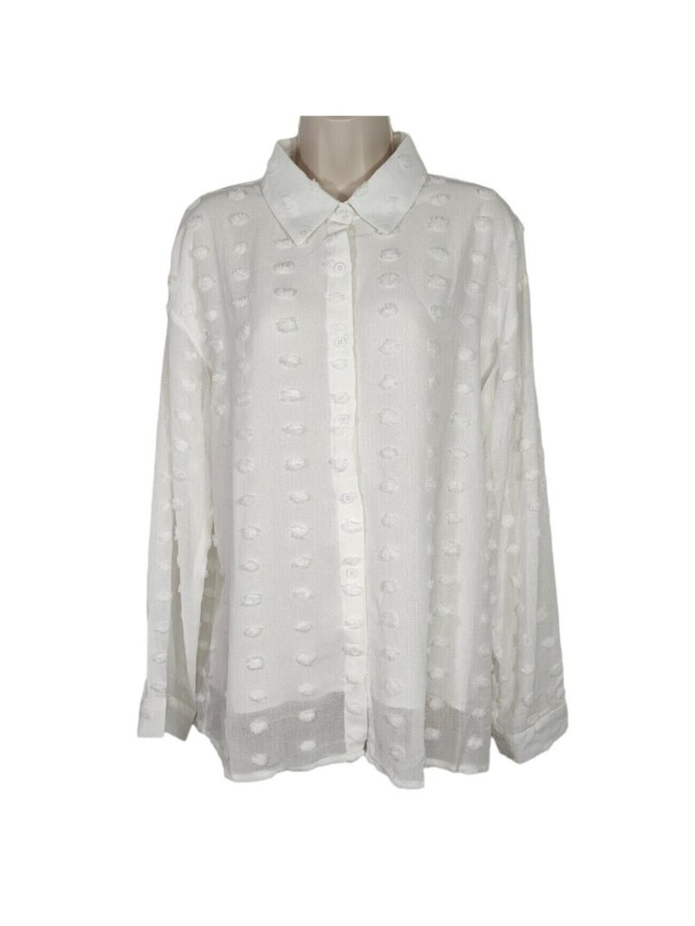 Unbranded White Button Up Collared Swiss Dot Top Women Size L Sheer Long Sleeve